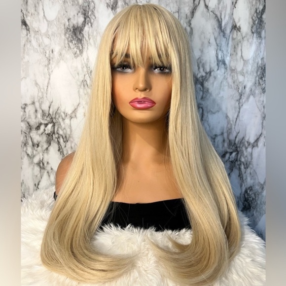 Ash Light Blonde Straight Hair long Wig with bangs 24” - Picture 1 of 6